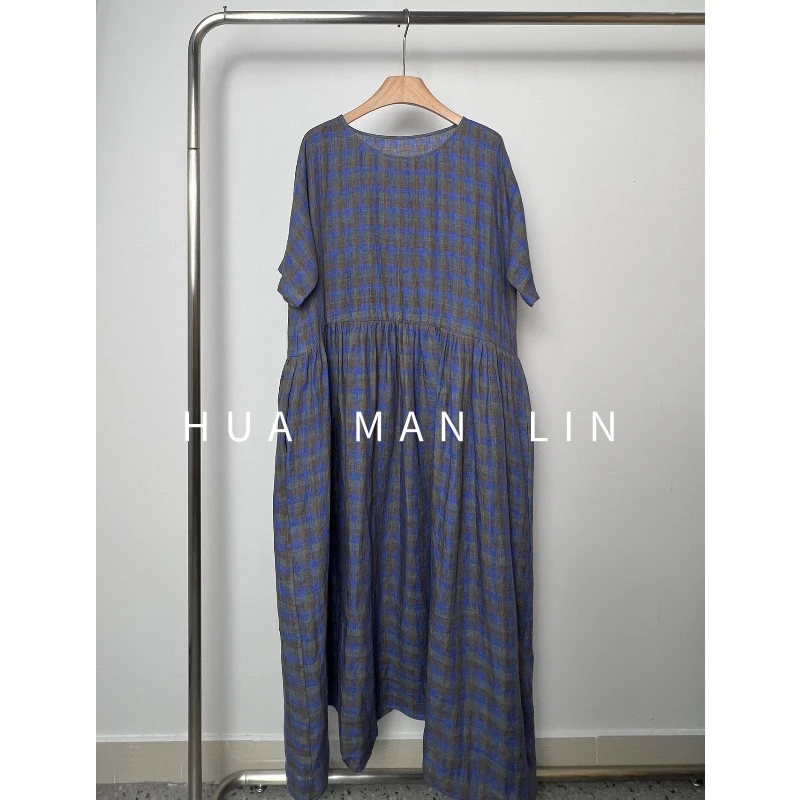 花滿林圆领格子腰边收褶色织亚麻连衣裙8538