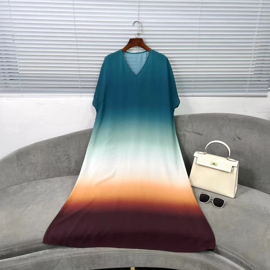 【花滿林】‘蓝色的秘密’新款V领吊染渐变鬼绉短袖阔版连衣裙6967