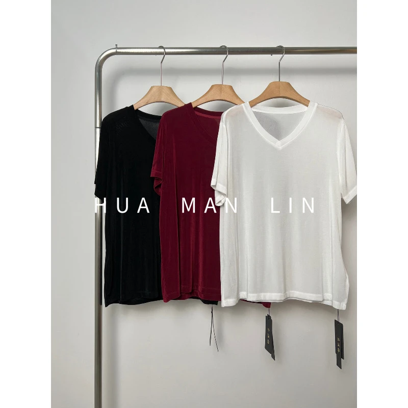 花滿林三色V领简约百搭醋酸短袖上衣2210