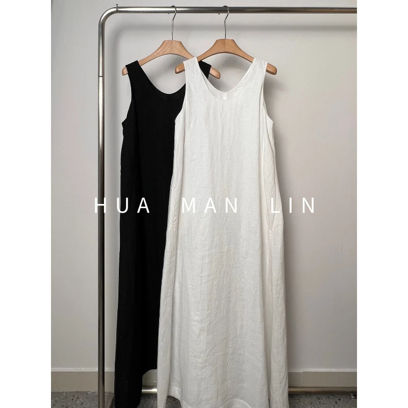 花滿林两色圆领无袖简约气质汉麻普洗+酵洗工艺背心裙8700