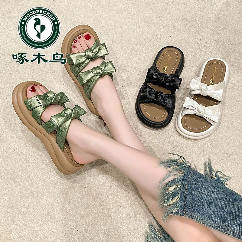 啄木鸟仙女风蝴蝶结踩屎感外穿凉拖鞋2024年夏新款百搭平底一字拖