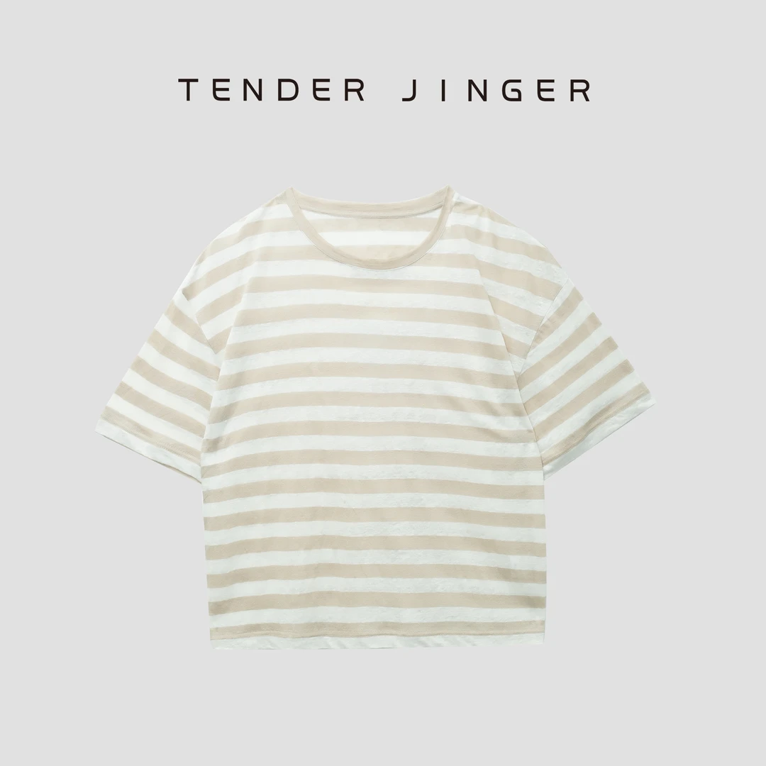 Tender Jinger【BASICS】2024亚麻条纹针织透气圆领T恤 T42FCC77265