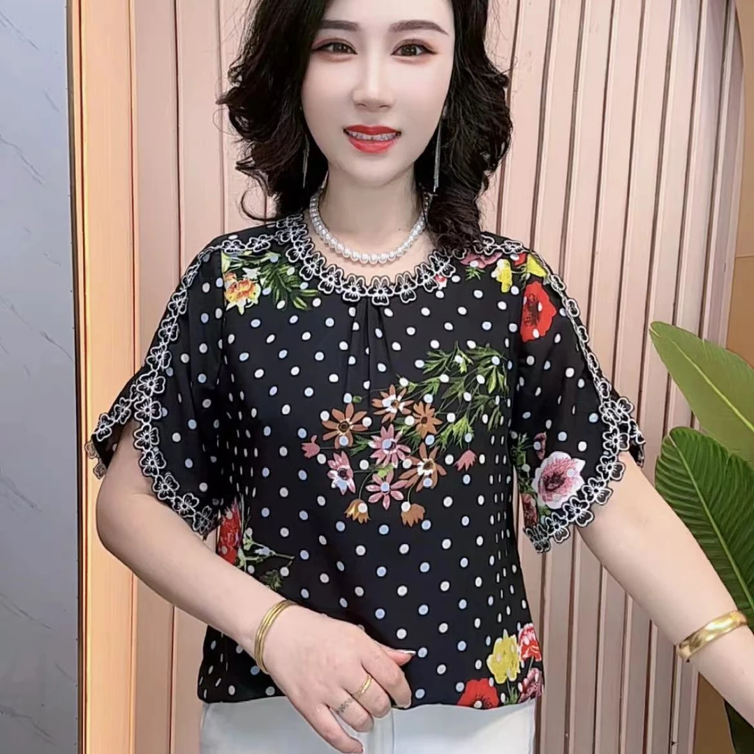 新款夏季小花气质时尚大码短袖洋气百搭显瘦印花妈妈装薄款减龄
