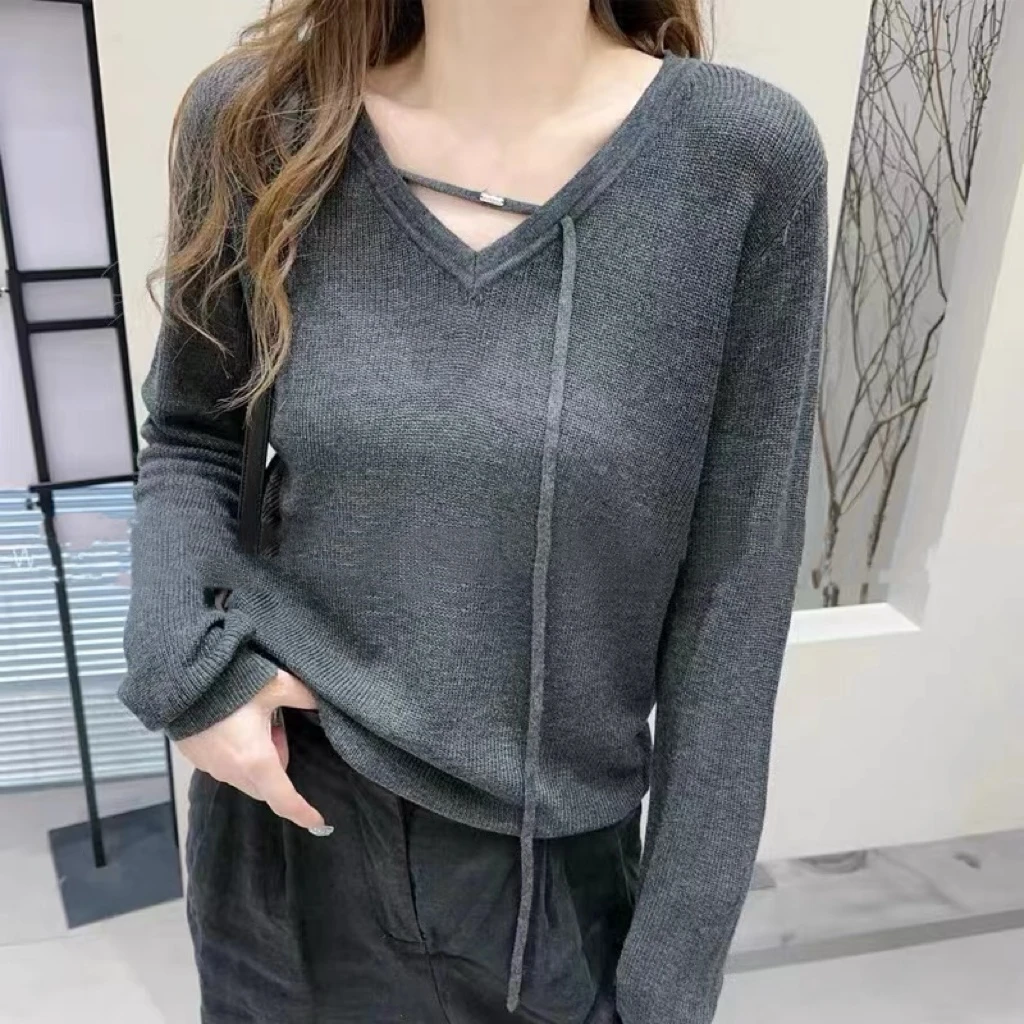 GEYAO春秋女士宽松时尚百搭休闲显瘦镂空针织衫ZB24D490