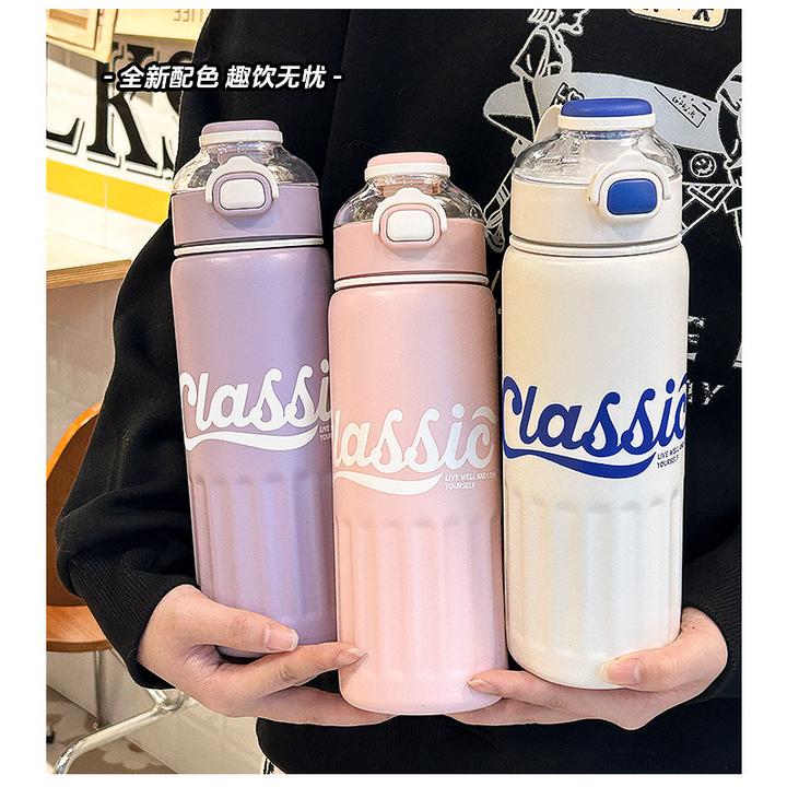 清新运动吸管水壶大容量简约学生保温杯健身户外便携弹盖吸管水杯