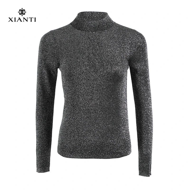 【闲提】星耀~意大利进口银丝针织衫女时尚半高领套头打底衫-201048