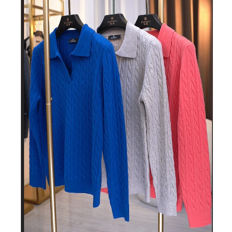 【轻奢-软糯】加密纯羊毛时尚扭绳麻花提花翻领长袖羊毛衫女2408141