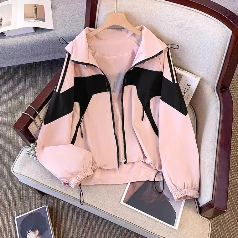 撞色冲锋衣外套女春秋2024新款爆款宽松连帽休闲工装夹克上衣159