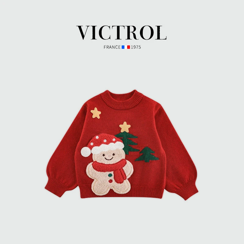 法国VICTROL儿童圣诞服装宝宝毛衣打底衫秋冬季红色女童新年衣服