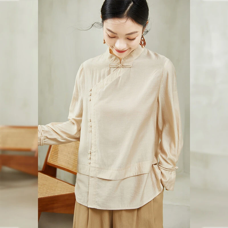 秸熙秋季新款复古国风衬衫女纯色套头上衣立领中国风禅意JXY596
