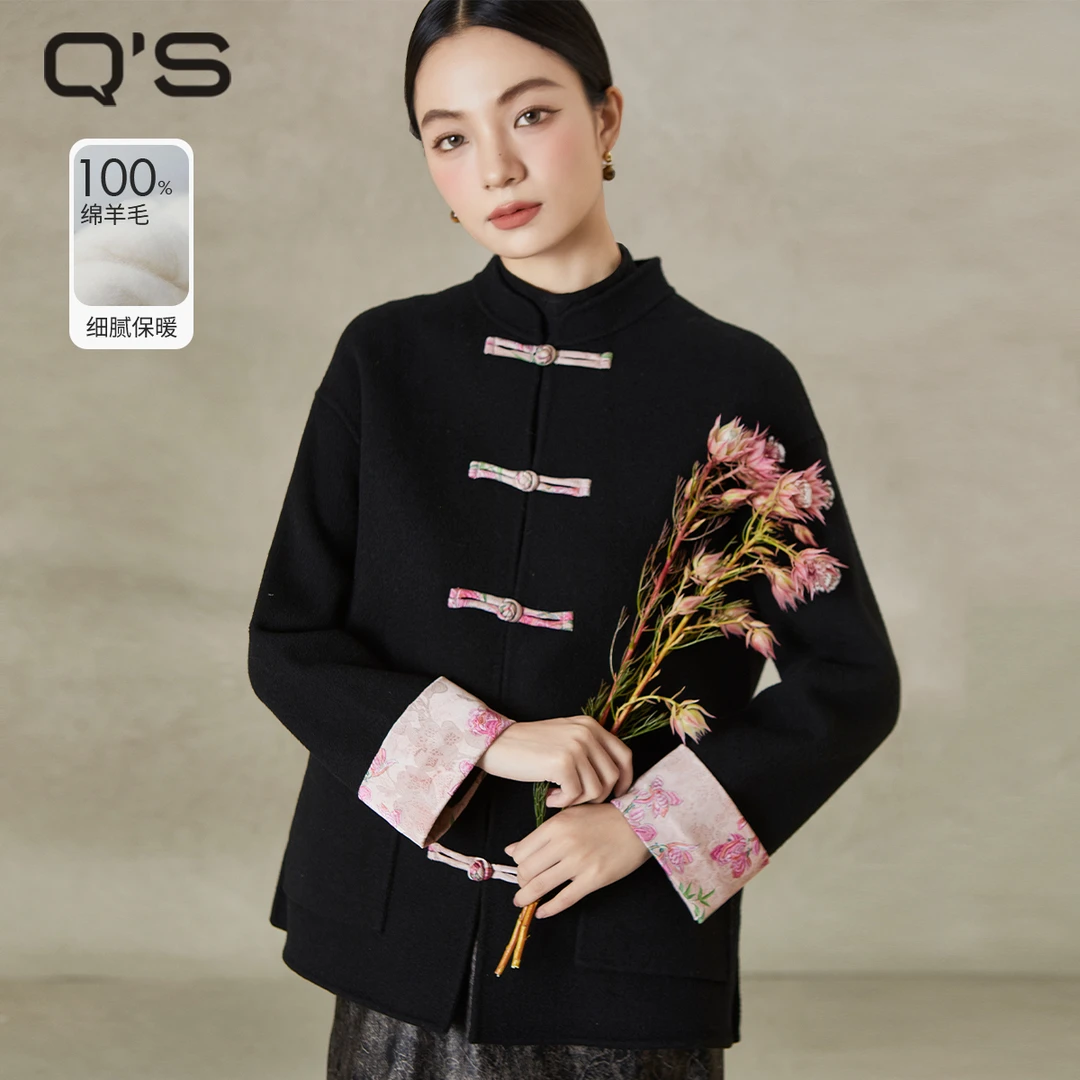 秸熙冬季新款4XD1A9改良新中式双面呢大衣中式提花蟠龙钉外套