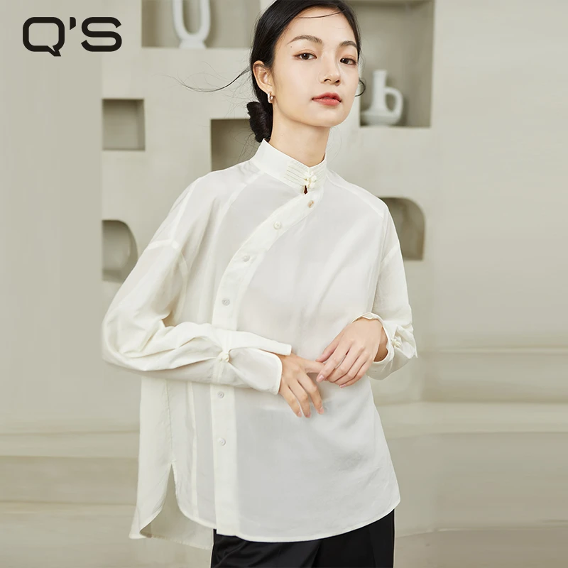 秸熙秋季白色复古中式盘扣衬衣女小立领斜门襟气质宽松衬衫JXV569