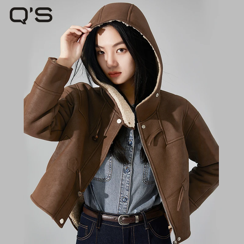 秸熙冬季新款3XD2C2纯色休闲连帽皮衣外套环保皮毛一体短上衣