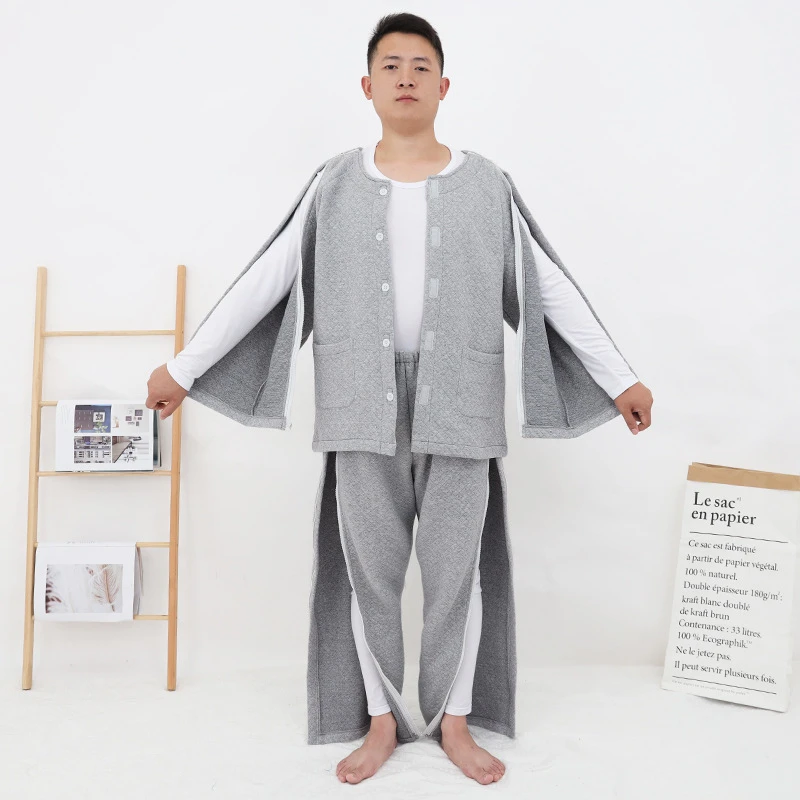 男士春秋款易穿脱腿脚手臂术后护理服卧床老人衣服套装秋冬宽松