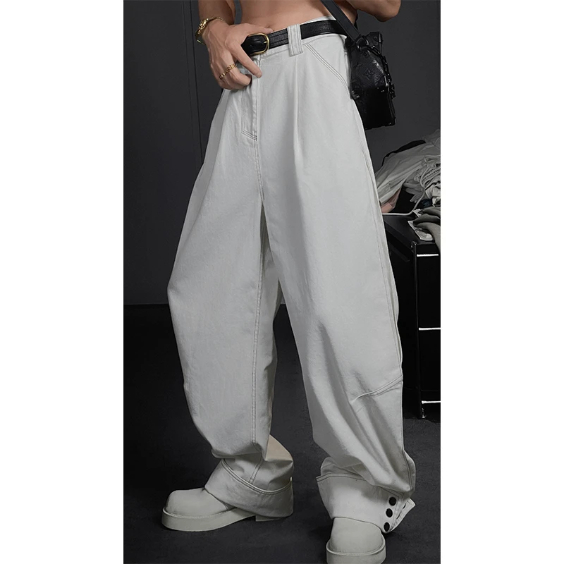 2024夏季新款宽松小众设计感翻边裤脚扣子百搭弯刀裤长裤男