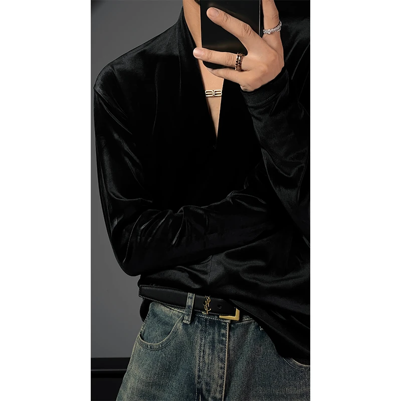 春季新款潮流绒面复古轻奢高级感气质V领百搭打底T恤