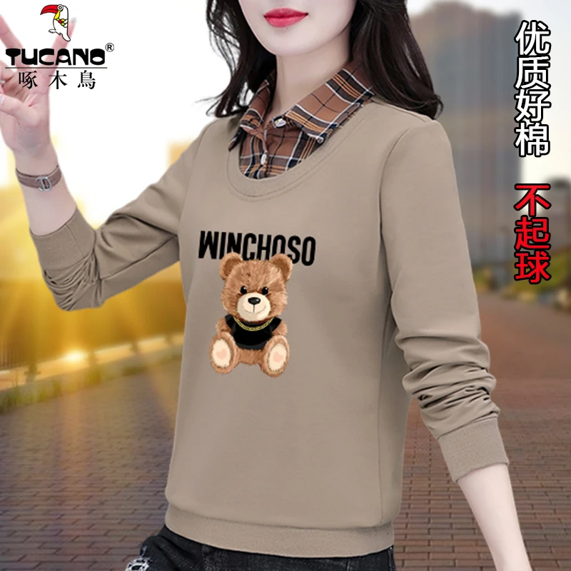 啄木鸟高档假两件卫衣春秋季妈妈装2023年新款休闲显瘦Polo领上衣