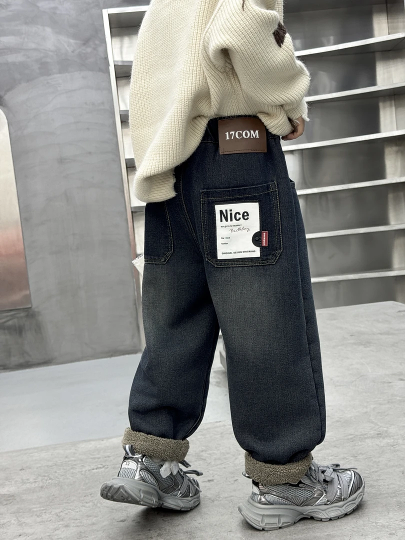 【曹涵原创】儿童冬季新款特厚糕糕绒NICE字母款高街牛仔裤DK856