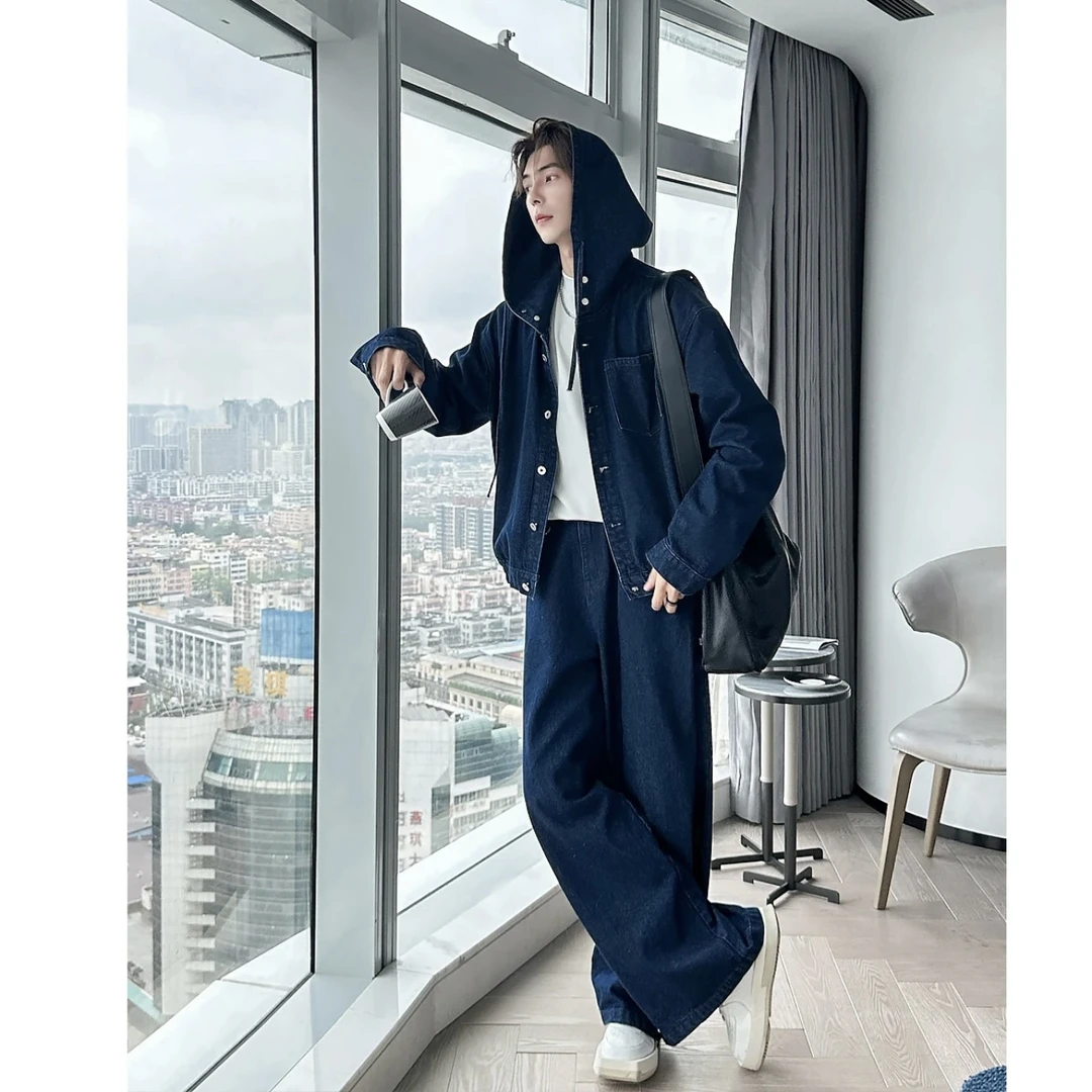 【原创设计套装】连帽牛仔套装男潮宽松韩版设计感时尚休闲两件套