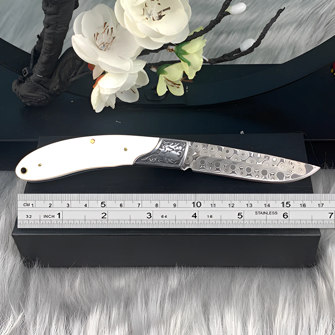 新款樱花牛骨大马士革钢折叠便携水果刀家用实用西餐刀