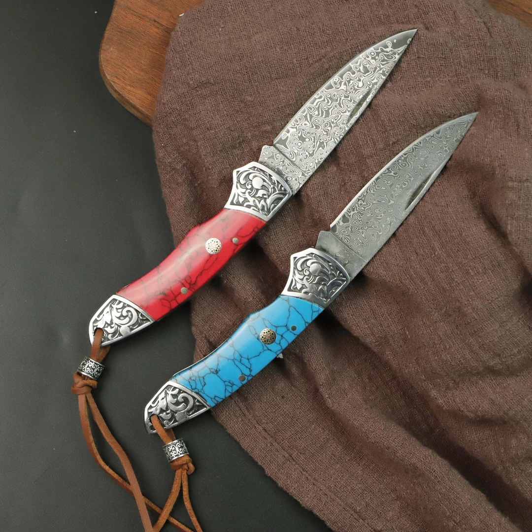 新款牛骨手柄雕花钢头大马士革便携折叠家用户外水果刀