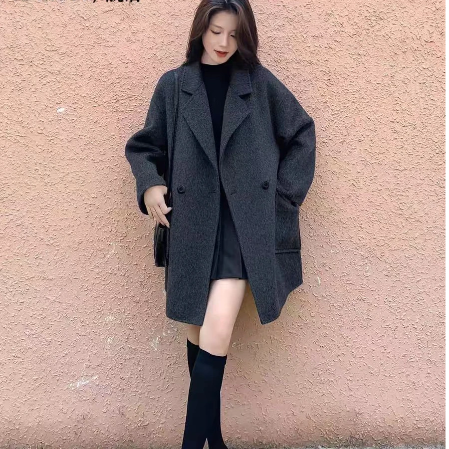 灰色呢子大衣女秋冬高级感2024新款韩系宽松中长款毛呢外套
