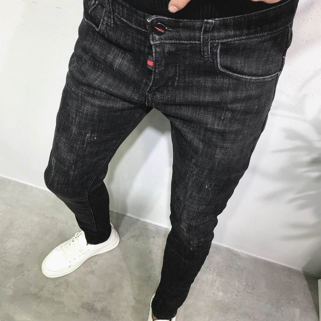 2025新款流行男士牛仔裤秋冬韩版潮流修身小脚加绒加厚弹力长裤子
