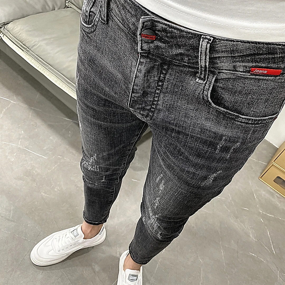 2025新款流行男士牛仔裤渐变烟灰九分裤韩版潮流修身小脚时尚百搭
