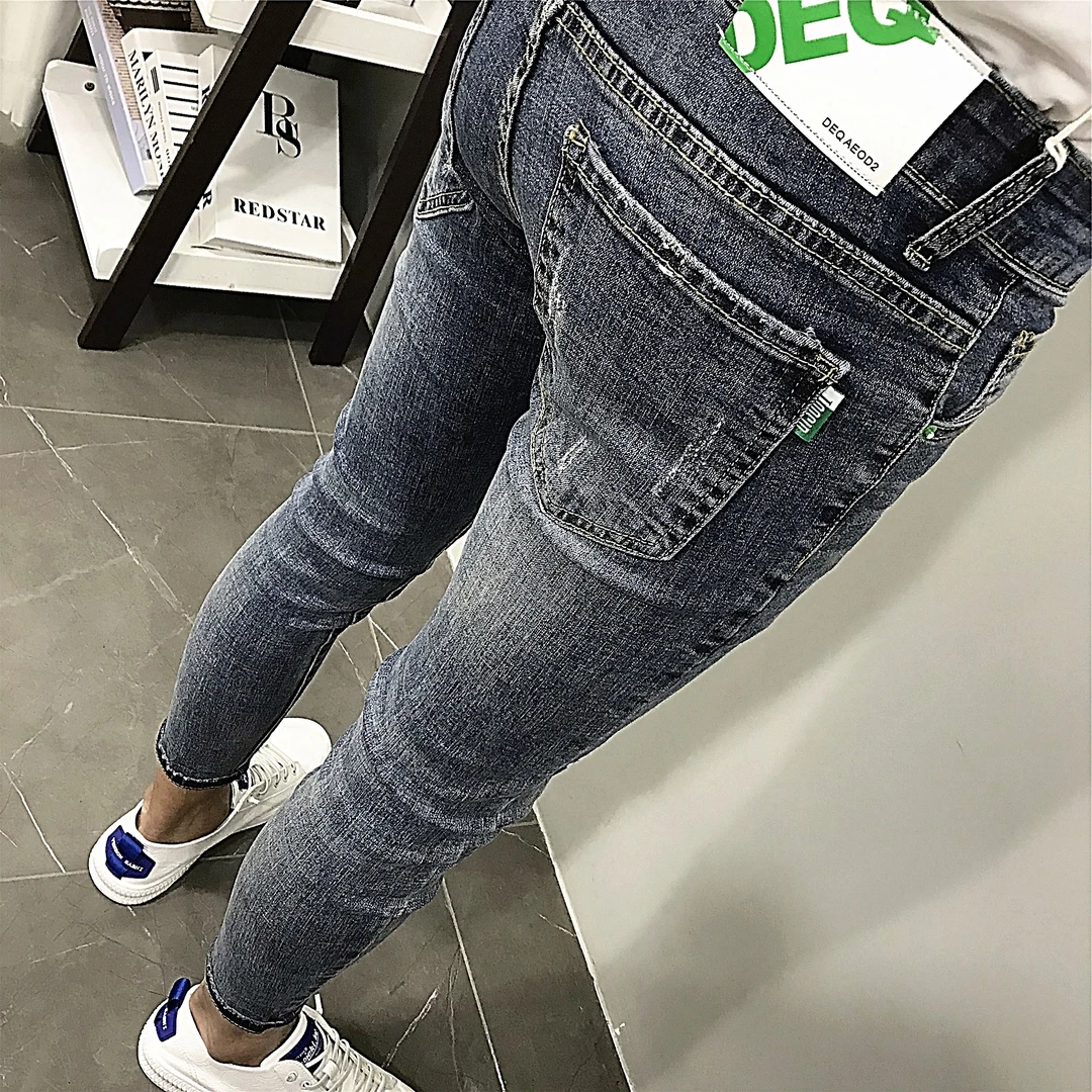 潮牌秋冬新款九分男士牛仔裤韩版潮流刺绣修身小脚弹力百搭长裤子