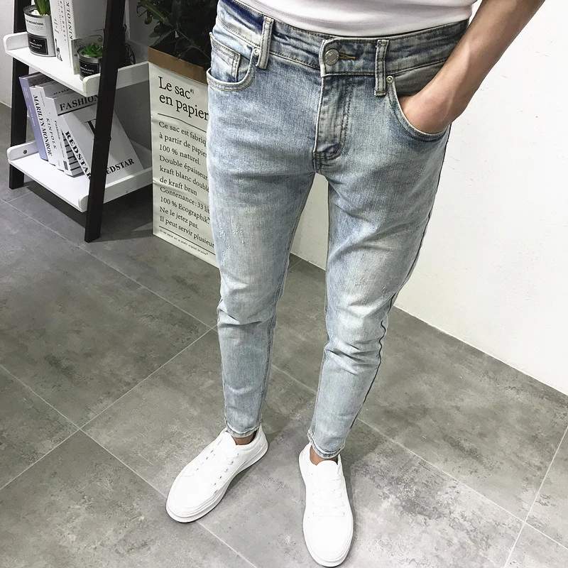 浅蓝色牛仔裤男2025夏季薄款韩版潮流修身小脚弹力百搭九分长裤子