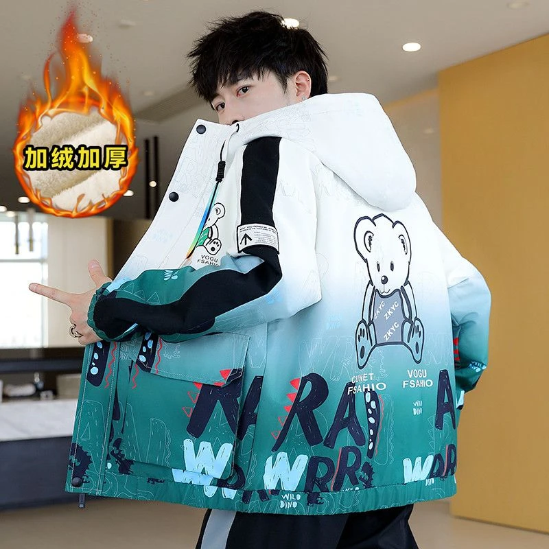 青少年冬季外套男加绒加厚学生连帽男士夹克男潮流帅气宽松褂子