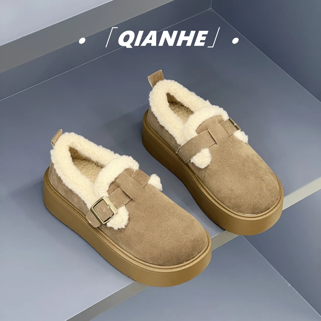 「Qan'h千合女鞋」•厚底加绒冬季新款圆头百搭勃肯棉鞋（W-8）