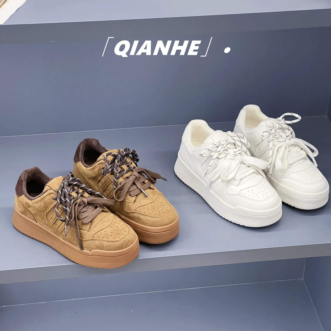 「Qan'h千合女鞋」• 2025秋季复古小众厚底系带加绒休闲板鞋 （5135)