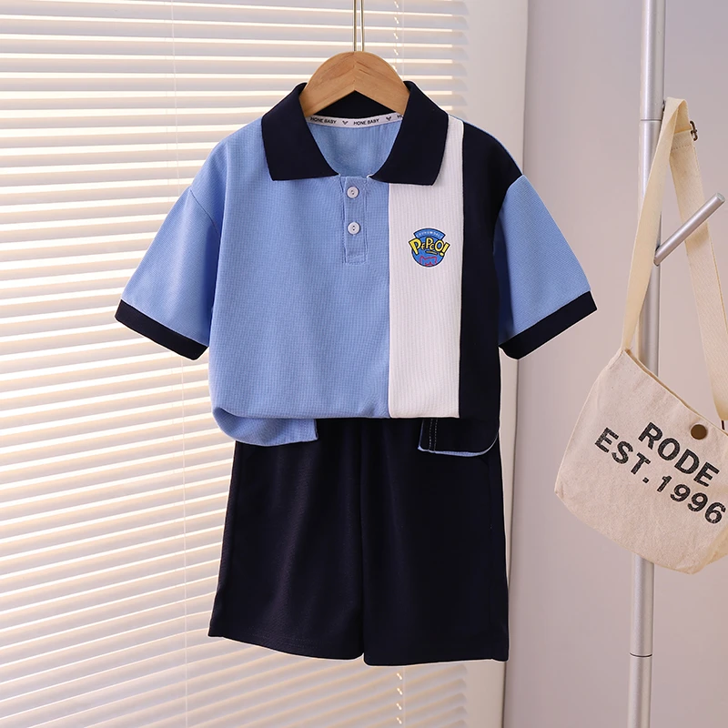 【清仓专属】2024新款中大童夏季时尚运动宽松短裤套装潮蓝白拼接款