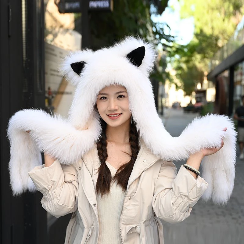 狐狸毛编织风雪帽围巾一体帽保暖