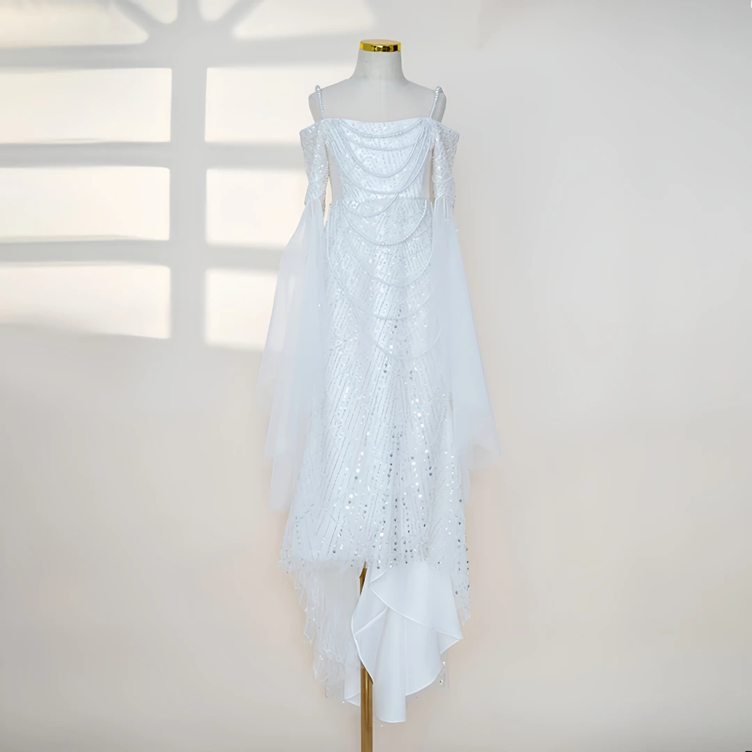 朵拉说儿童礼服一字肩长袖拖尾鱼尾晚礼服主持钢琴演奏走秀演出服