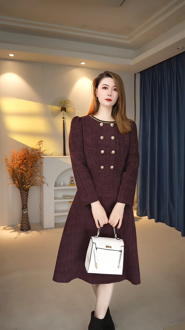 圆领小香风长袖连衣裙2024年秋冬季女气质时尚显瘦休闲优雅602