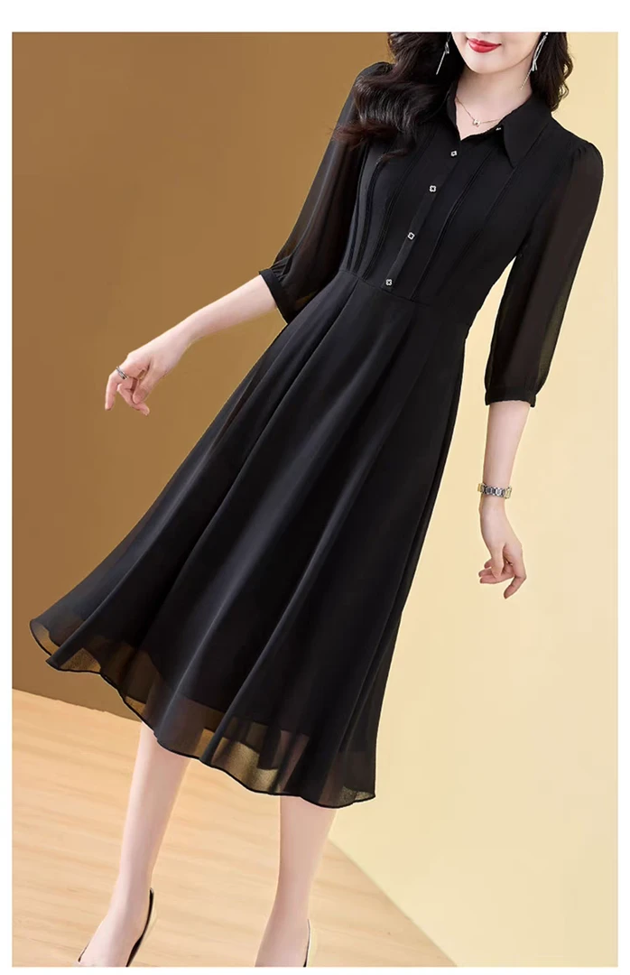 衬衫领单排扣七分袖连衣裙2024年秋季女高端高级感气质长袖124