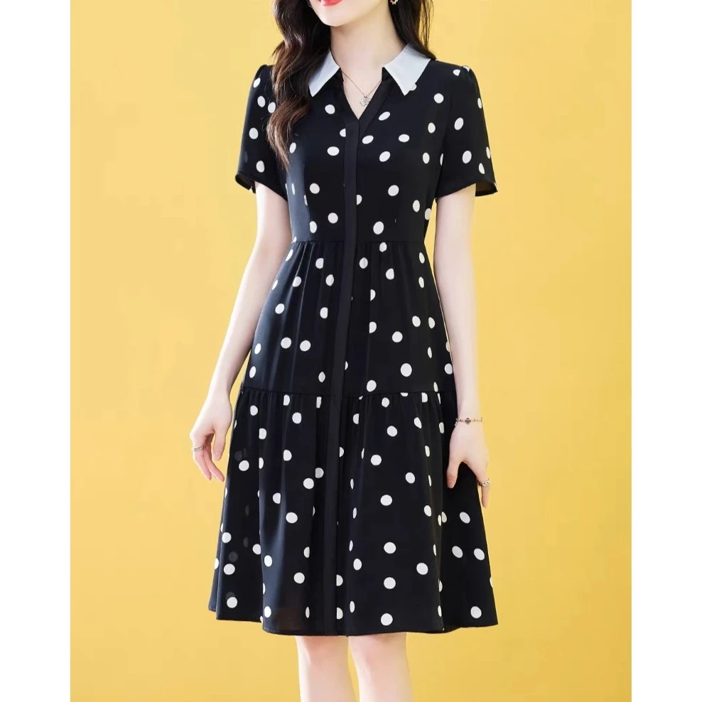 翻领波点短袖连衣裙2024年夏季女气质减龄收腰波点时尚显瘦171