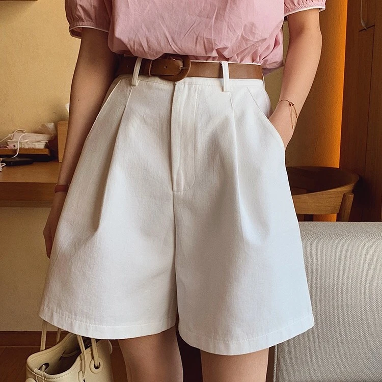 五分短裤女2023秋季新款高腰显瘦休闲裤宽松遮胯阔腿西装白色裤子