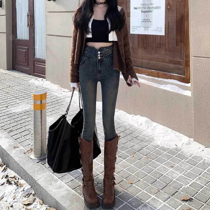 水泥灰高腰紧身铅笔裤女2024新款秋冬长裤