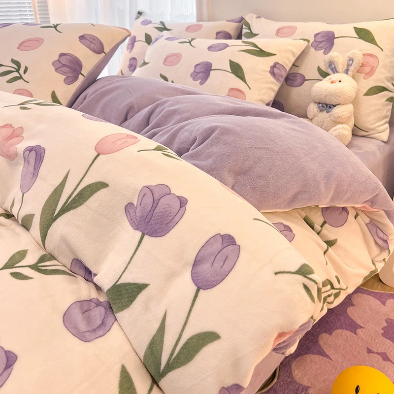 冬季牛奶绒加厚床上四件套秋冬加绒被套珊瑚绒宿舍床笠款四件套