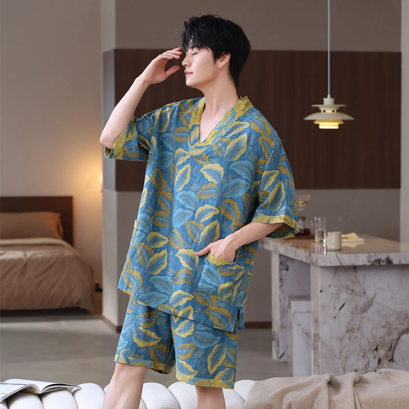 【买2套减30】夏天日式和服纯棉男睡衣提花汗蒸服女短袖家居服套装