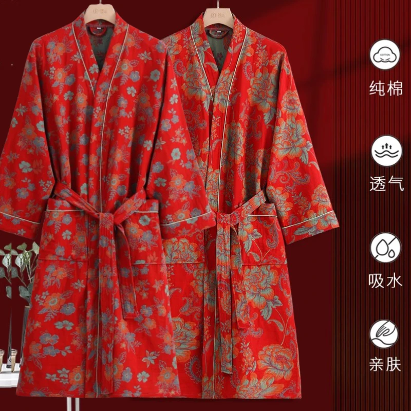 【好物推荐】2025本命年红色国潮风睡袍纯棉纱布复古国风浴袍春秋