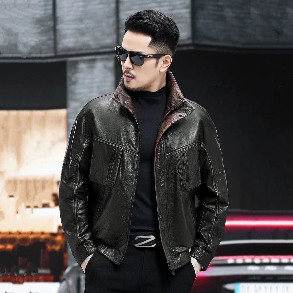皮夹克外套男头层油蜡牛皮宽松立翻领猎装海宁真皮皮衣男士机车潮