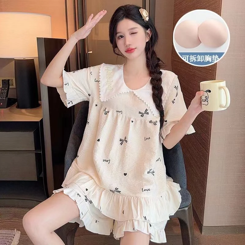 夏季韩版新款睡衣女梭织云朵棉公主风短袖短裤甜美家居服套装