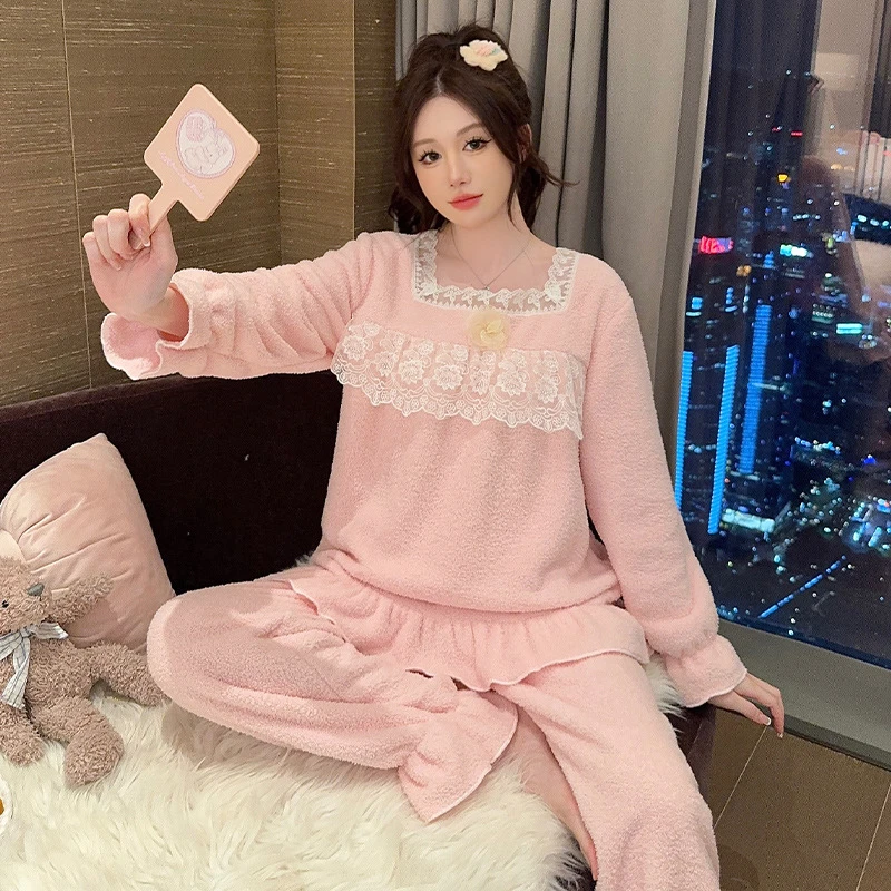 睡衣女秋冬季半边绒长袖长裤甜美公主风休闲加厚家居服套装可外穿