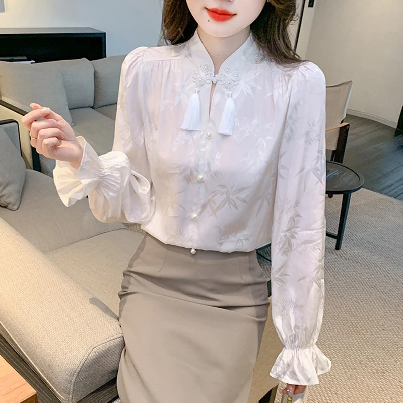 新中式国风改良提花盘扣衬衫2024春秋季新款小衫女士内搭打底上衣