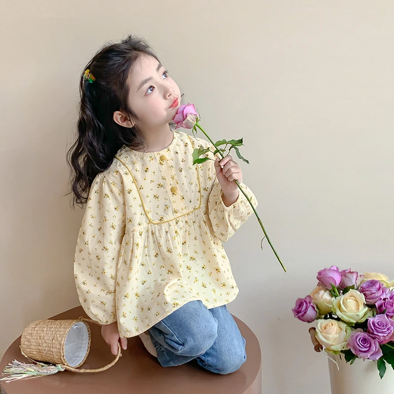女童衬衫春装2025新款纯棉韩版洋气碎花女孩儿童外穿长袖上衣春秋