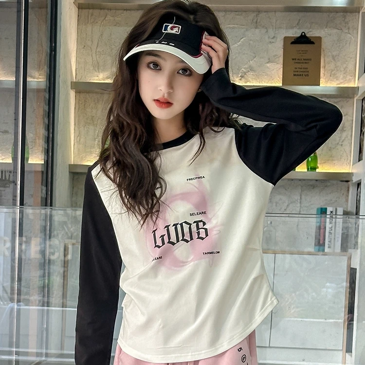 女童长袖T恤2025春装新款儿童韩版洋气圆领插肩袖春秋打底衫上衣